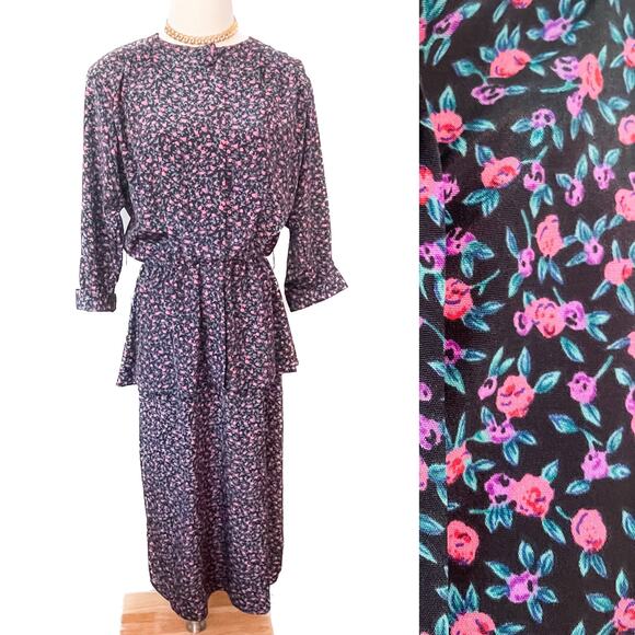 Vintage Stuart Allen ditzy floral peplum 3/4 sleeve secretary dress size S-M-L - Picture 1 of 9